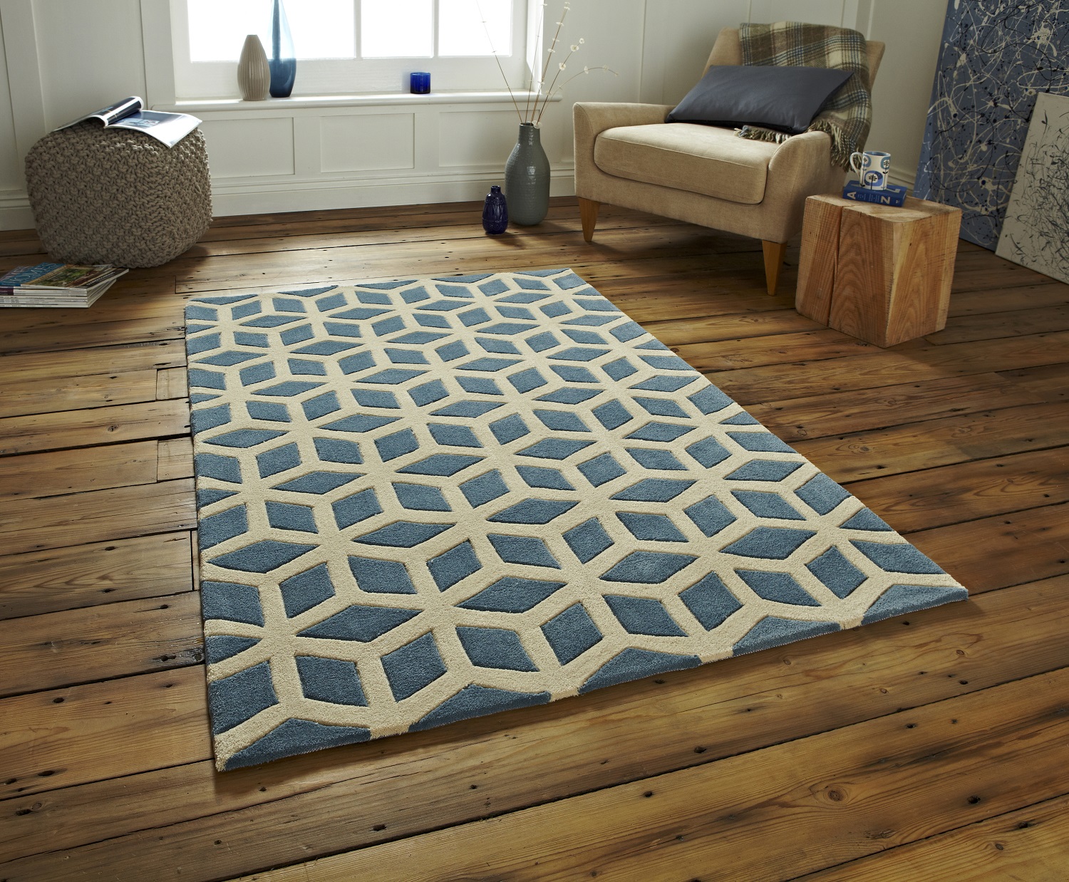 Hand Tufted Optical Illusion Modern Floor Rug with Geometric Design 100